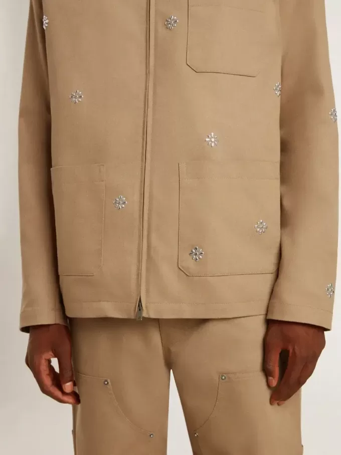 Beige herenjas met bloemenborduursel en volledige ritssluiting