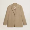 Beige herenjas met krijtstreep en enkele rij knopen, oversized pasvorm