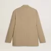 Beige herenjas met krijtstreep en enkele rij knopen, oversized pasvorm