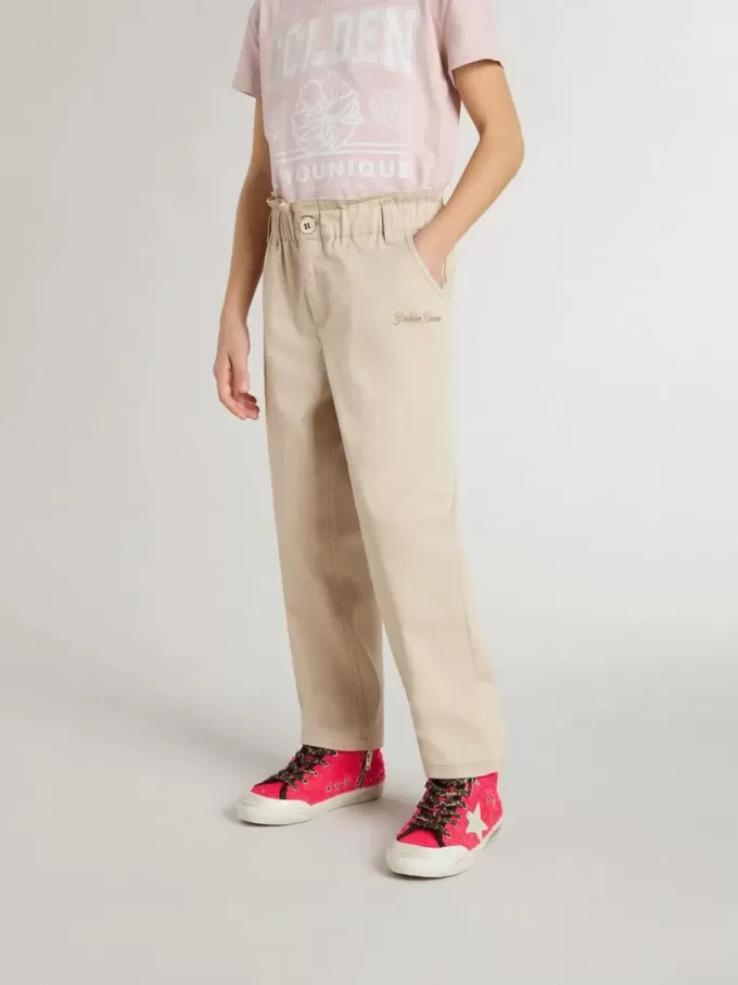 Beige katoenen broek voor meisjes met borduursel