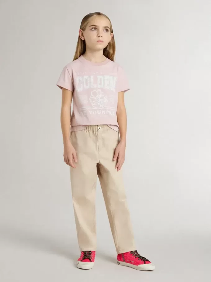 Beige katoenen broek voor meisjes met borduursel