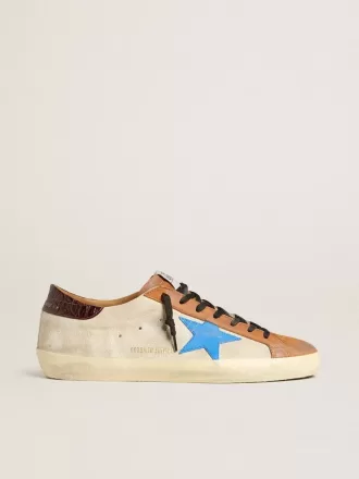 Beige Super-Star LTD voor heren met lichtblauwe ster en hielstuk met krokodillenprint