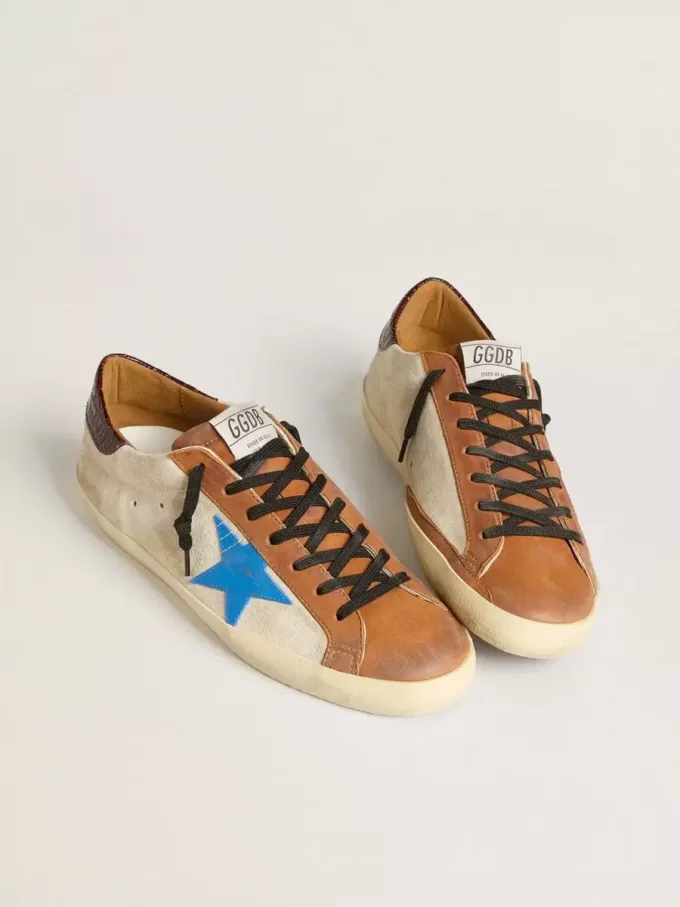 Beige Super-Star LTD voor heren met lichtblauwe ster en hielstuk met krokodillenprint
