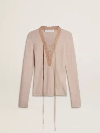 Beige wollen trui met lederen details