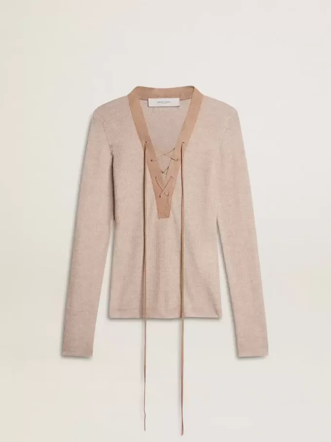 Beige wollen trui met lederen details