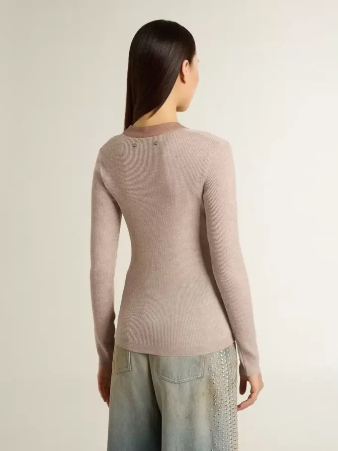 Beige wollen trui met lederen details