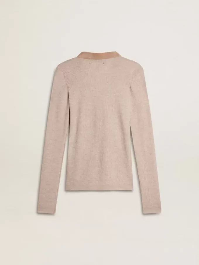 Beige wollen trui met lederen details
