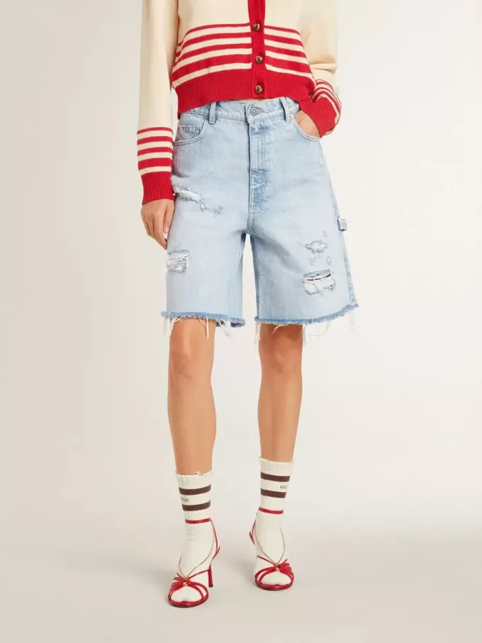 Bermudashort voor dames van denim met doorleefd effect
