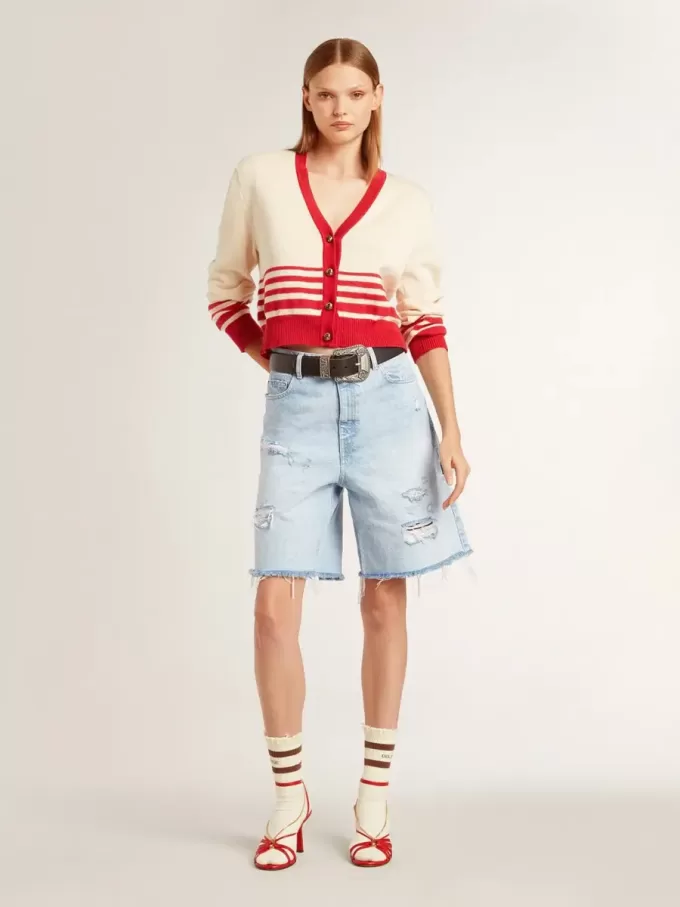 Bermudashort voor dames van denim met doorleefd effect