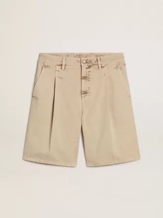 Bermudashort voor heren in beige denim met een doorleefde afwerking