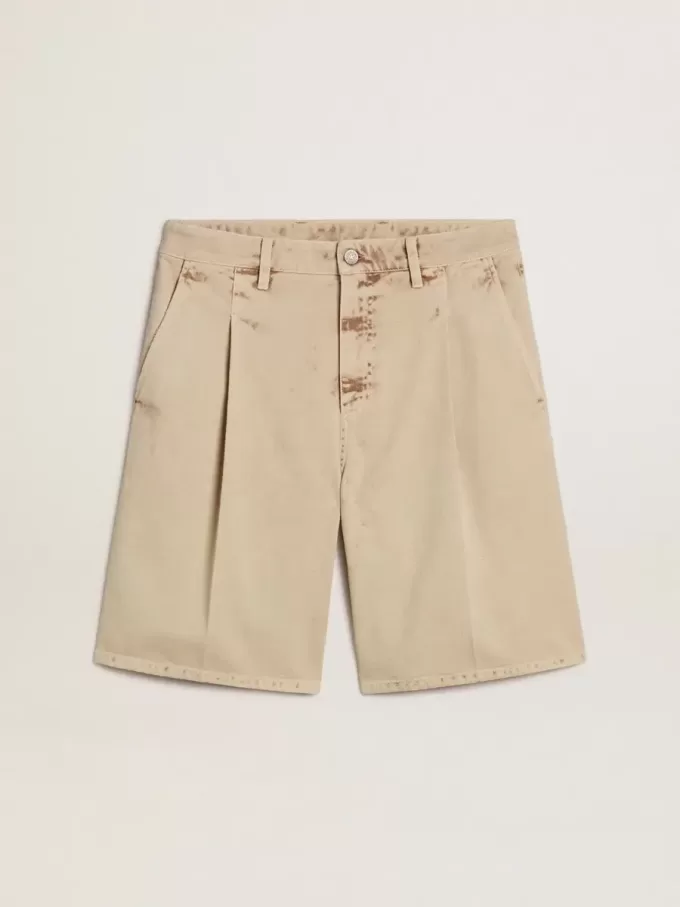 Bermudashort voor heren in beige denim met een doorleefde afwerking