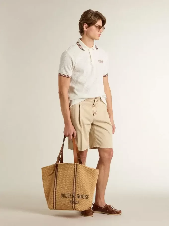 Bermudashort voor heren in beige denim met een doorleefde afwerking