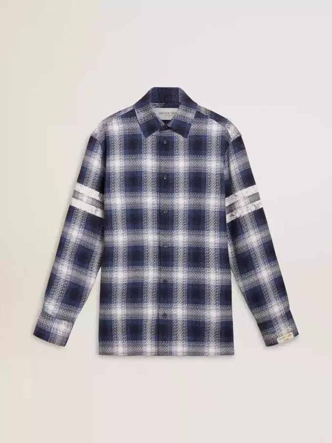 Blauw 3D-geruit herenoverhemd met print op de achterkant