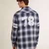 Blauw 3D-geruit herenoverhemd met print op de achterkant