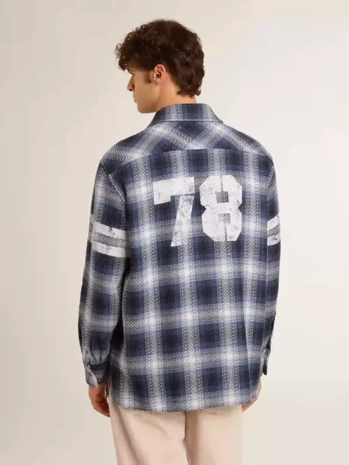 Blauw 3D-geruit herenoverhemd met print op de achterkant
