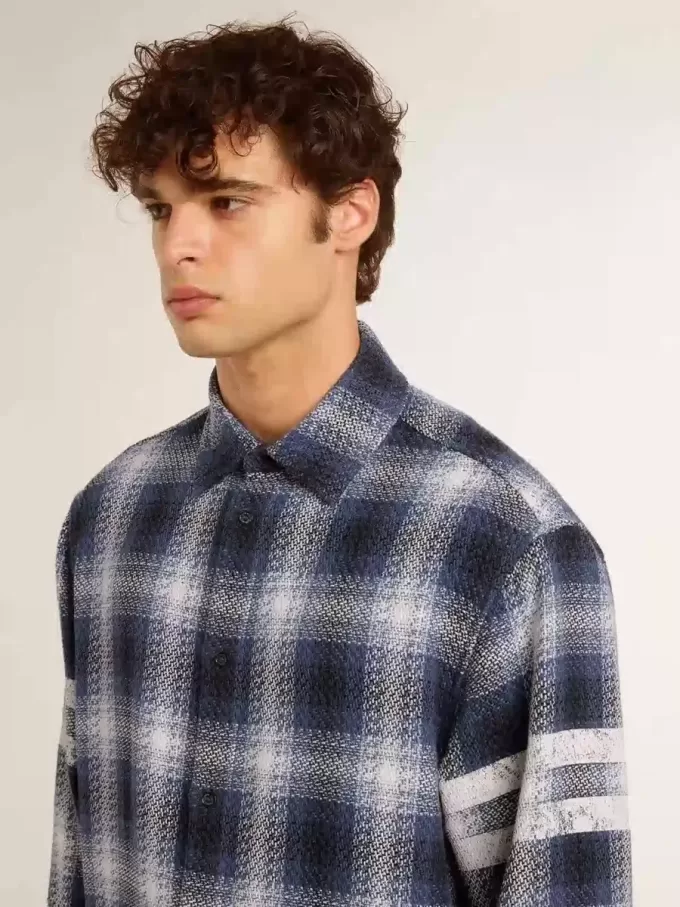 Blauw 3D-geruit herenoverhemd met print op de achterkant