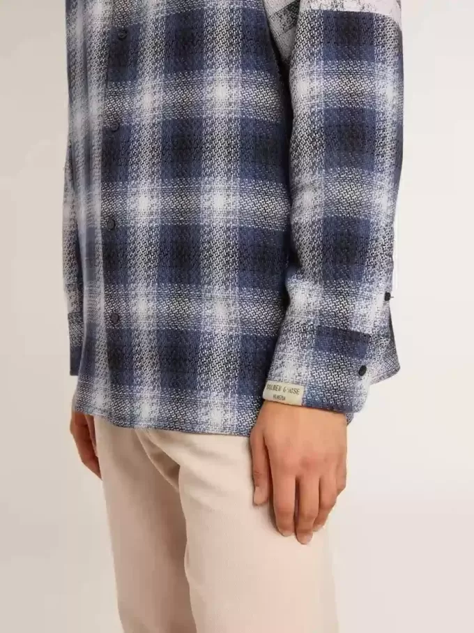 Blauw 3D-geruit herenoverhemd met print op de achterkant
