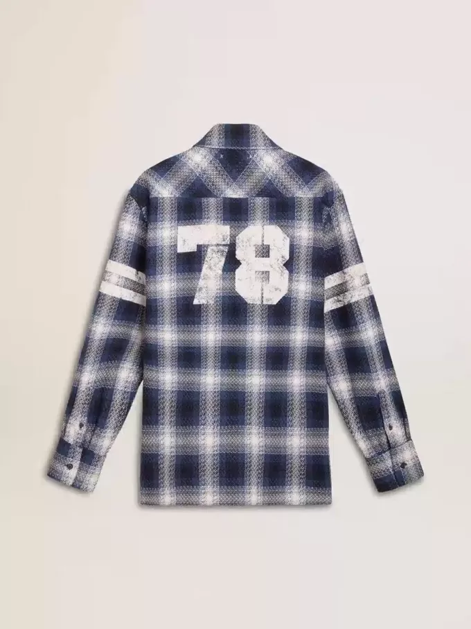 Blauw 3D-geruit herenoverhemd met print op de achterkant