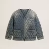 Blauw gewatteerd damesjack van katoenen denim met distressed afwerking