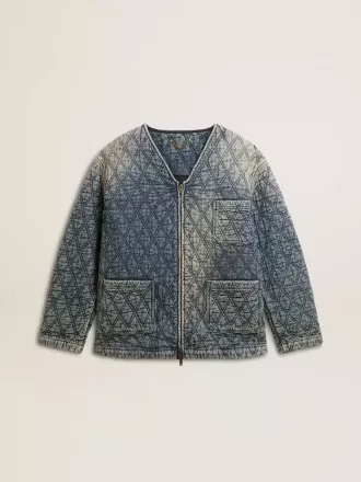 Blauw gewatteerd damesjack van katoenen denim met distressed afwerking