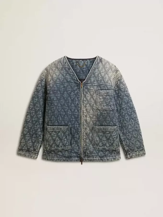 Blauw gewatteerd damesjack van katoenen denim met distressed afwerking
