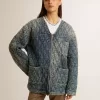 Blauw gewatteerd damesjack van katoenen denim met distressed afwerking