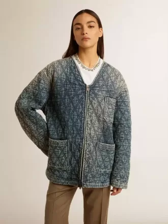 Blauw gewatteerd damesjack van katoenen denim met distressed afwerking