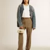 Blauw gewatteerd damesjack van katoenen denim met distressed afwerking