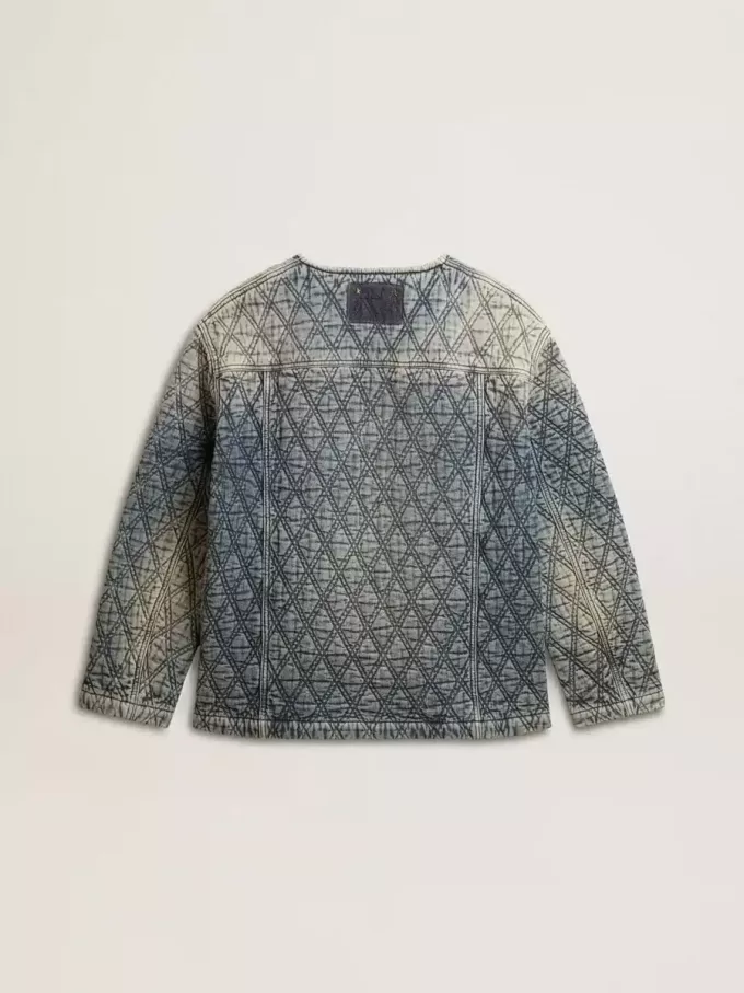 Blauw gewatteerd damesjack van katoenen denim met distressed afwerking
