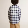Blauw-wit geruit overhemd voor jongens met print op de achterkant