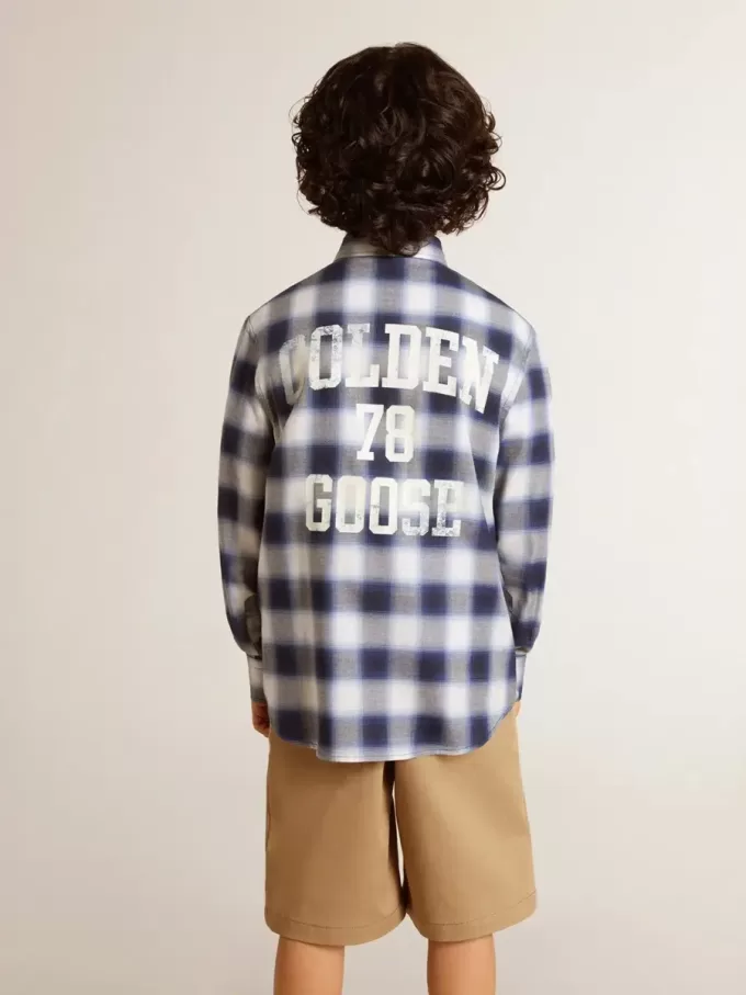 Blauw-wit geruit overhemd voor jongens met print op de achterkant
