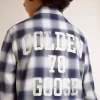 Blauw-wit geruit overhemd voor jongens met print op de achterkant
