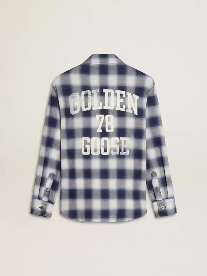 Blauw-wit geruit overhemd voor jongens met print op de achterkant