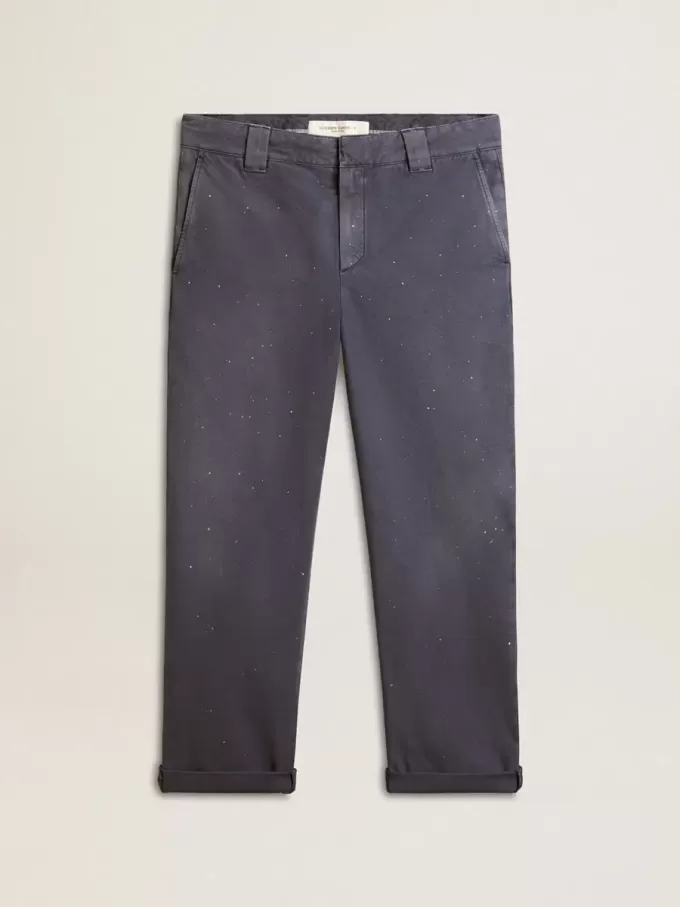 Blauwe chino voor heren met een doorleefd effect