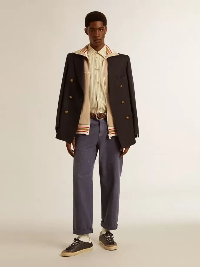 Blauwe chino voor heren met een doorleefd effect