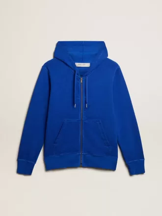 Blauwe hoodie voor heren met opschrift op de achterkant