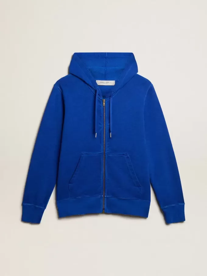 Blauwe hoodie voor heren met opschrift op de achterkant