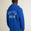 Blauwe hoodie voor heren met opschrift op de achterkant