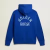 Blauwe hoodie voor heren met opschrift op de achterkant