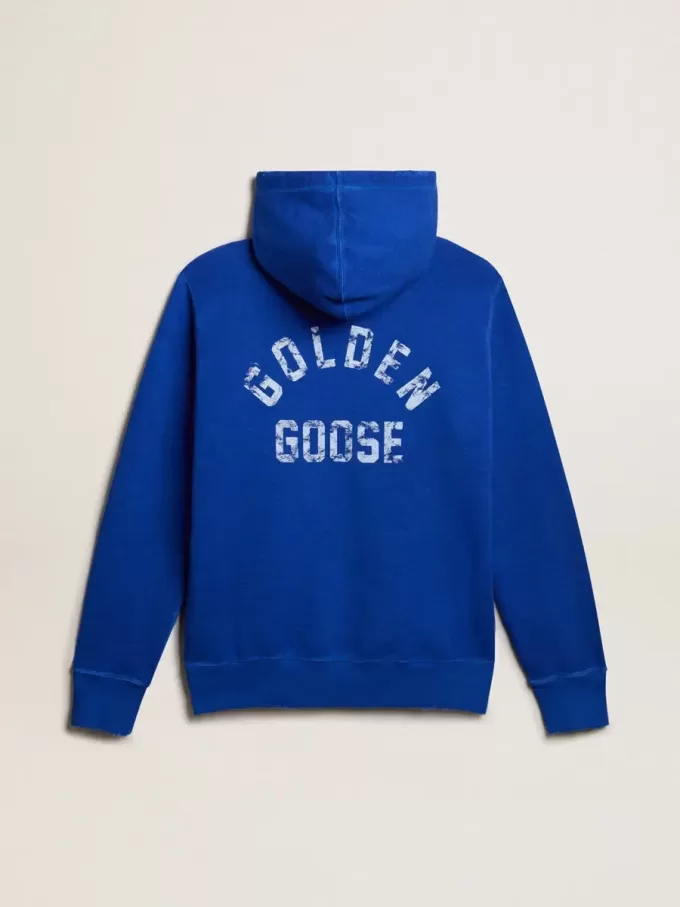 Blauwe hoodie voor heren met opschrift op de achterkant