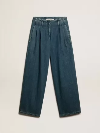 Blauwe katoenen plooibroek voor dames