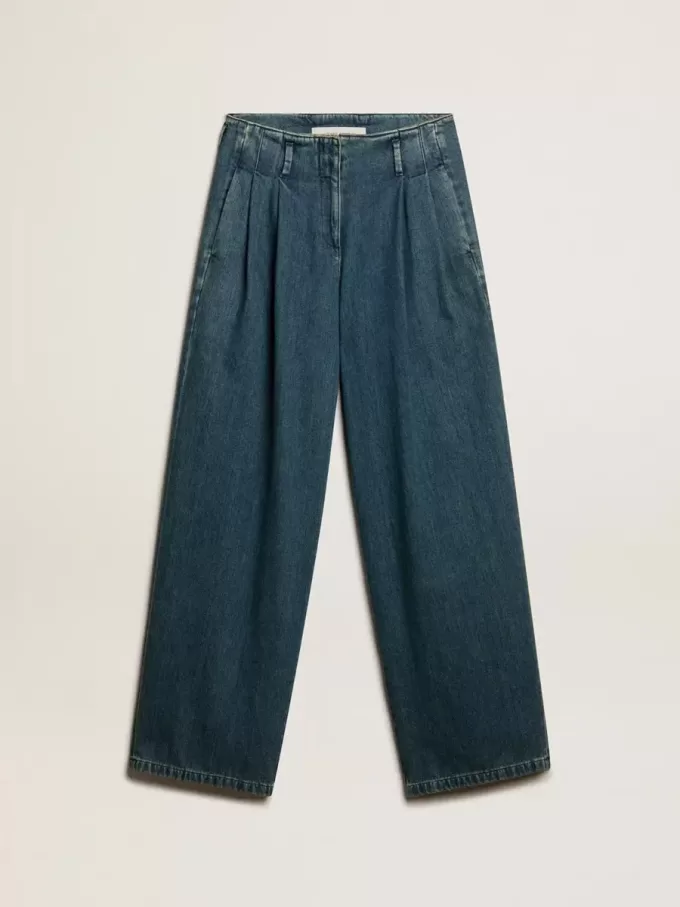 Blauwe katoenen plooibroek voor dames