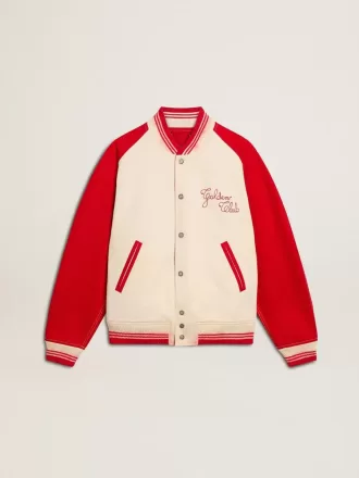 Bomberjack in versleten wit en rood met borduursels
