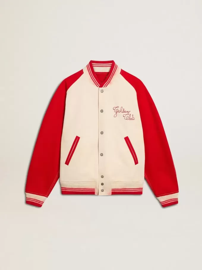 Bomberjack in versleten wit en rood met borduursels