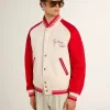 Bomberjack in versleten wit en rood met borduursels