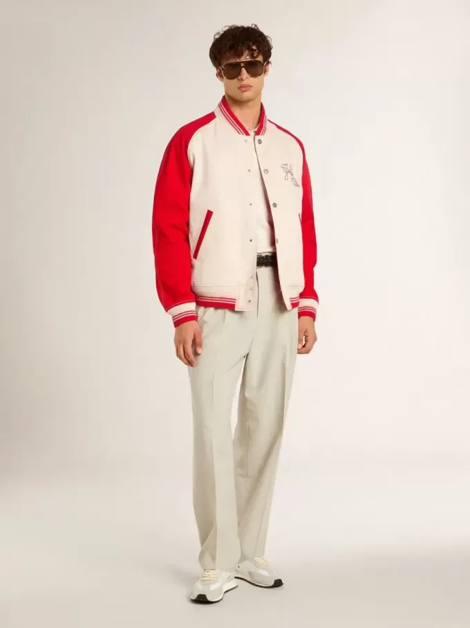 Bomberjack in versleten wit en rood met borduursels