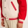 Bomberjack in versleten wit en rood met borduursels