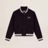 Bomberjack voor dames van donkerblauwe wol met witte details