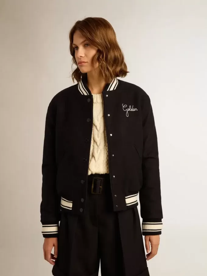 Bomberjack voor dames van donkerblauwe wol met witte details