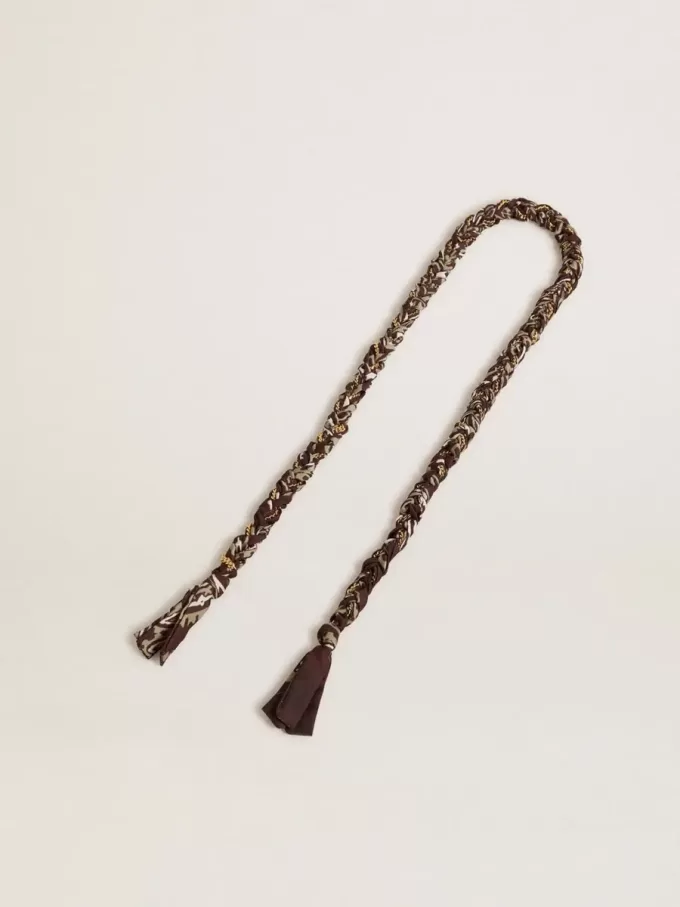 Bordeauxrode gevlochten stoffen bedel met messing ketting